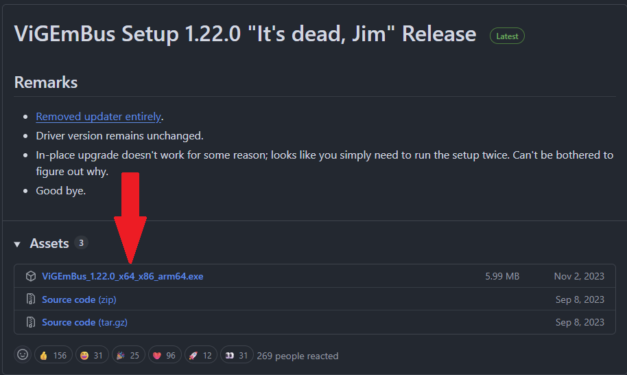 ViGEmBus GitHub release page with a red arrow pointing at the ViGEmBus_1.22.0_x64_x86_arm64.exe asset under the Assets section.